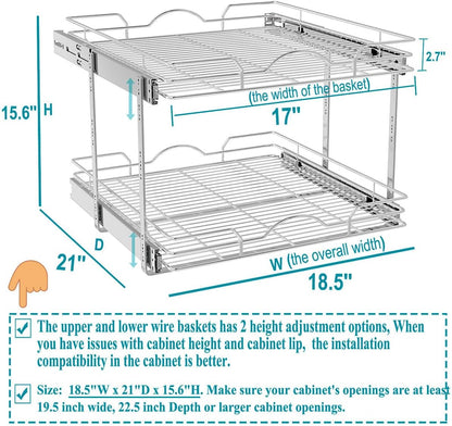 OCG Pull Out Cabinet Organizer (15" W x 21" D), Pull out Drawers, Cabinet Pull Out Shelves for Base Cabinet Organization in Kitchen Bathroom Pantry, Bottom Mount, Chrome Finish