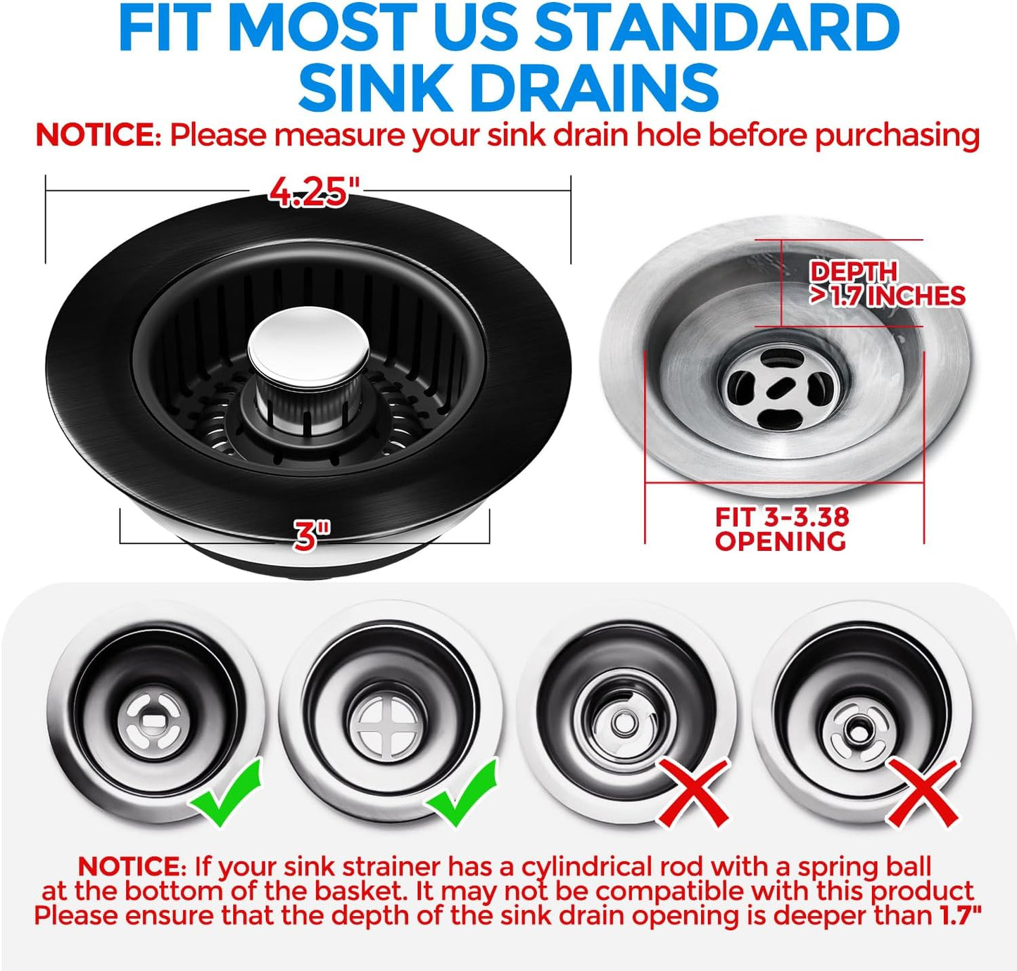 3 in 1 Kitchen Sink Drain Strainer Stopper Removable Basket Pop-Up | Kitchen Sink Food Strainer 1 Pack Silver Stainless - Food Catcher, Odor-Block Seal, Fits 3.5" Drain, Easy Clean