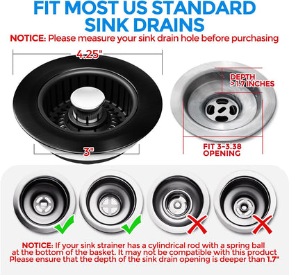 3 in 1 Kitchen Sink Drain Strainer Stopper Removable Basket Pop-Up | Kitchen Sink Food Strainer 1 Pack Silver Stainless - Food Catcher, Odor-Block Seal, Fits 3.5" Drain, Easy Clean