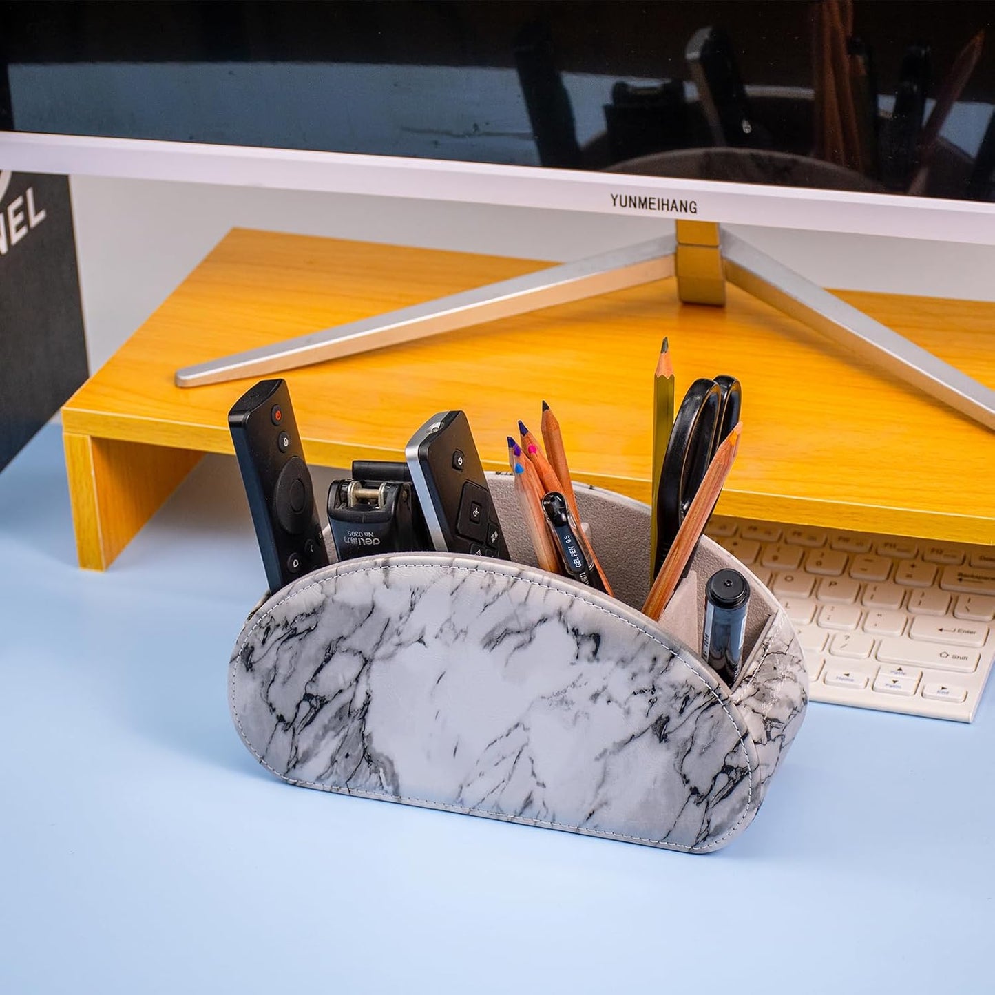Remote Control Holders Organizer Box with 5 Compartment PU Leather Caddy | Multi-functional Office Desk Storage Caddy Store Tv Remote for Media Player,Brush,Pencil,Glassees&Office Supplies
