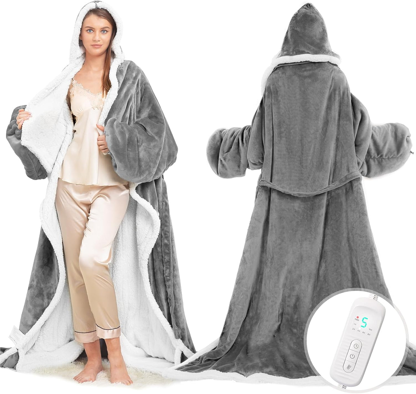 Wearable Heated Blanket with Foot Pocket, Electric Wearable Throw Blanket with Sleeves, Hood, Portable Heated Blanket with 8 Heat Settings, 1-10 Hours Auto Shut-off, Gift for Family, Friends, 50*70"