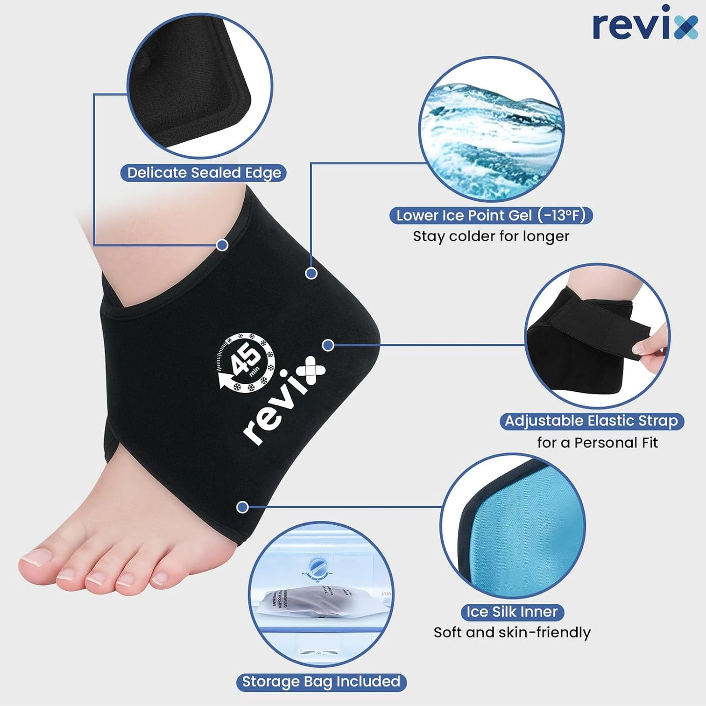 REVIX Ankle Ice Pack Wraps for Plantar Fasciitis Relief, 45-Min Coldness | Gel Cold Compress Wrap for Feet Pain Relief, Reusable Ice Pack for Foot with Ice Grid Design for Achilles Tendonitis, 2 Packs
