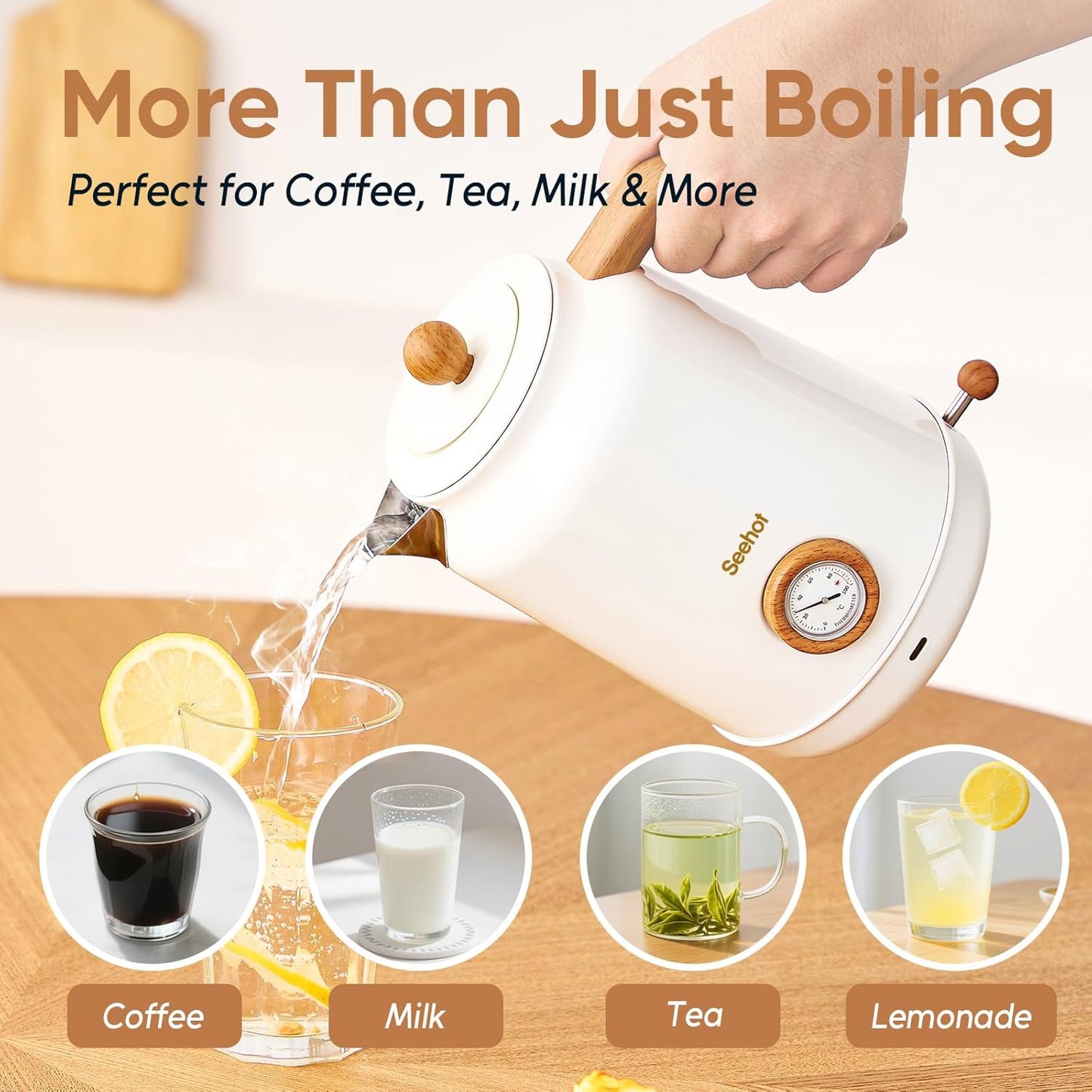 Seehot® Electric Kettle With Thermometer, 1.7L 1200W, Black | Auto shutoff, boil-dry protection,water-contact stainless steel, cordless base for coffee and tea