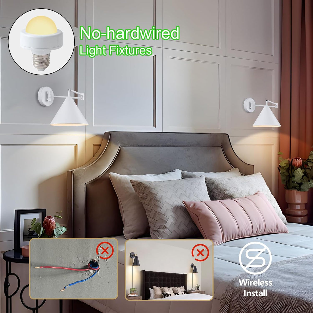 Rechargeable Swing Arm Wall Sconces Set of 2,Gold Battery Operated Wireless Dimmable 3 Color Wall Light with Remote,Cone Indoor Light Fixture for Bedside,Kitchen,Hallway,Living Room,Reading