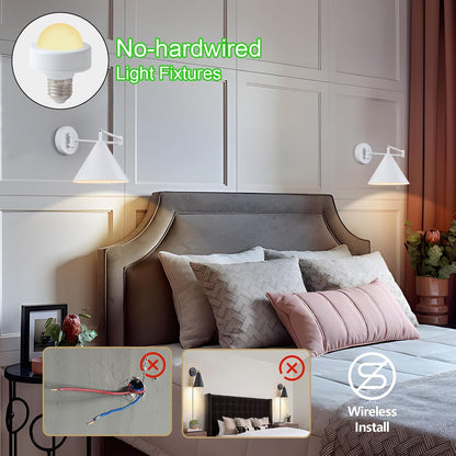 Rechargeable Swing Arm Wall Sconces Set of 2,Gold Battery Operated Wireless Dimmable 3 Color Wall Light with Remote,Cone Indoor Light Fixture for Bedside,Kitchen,Hallway,Living Room,Reading