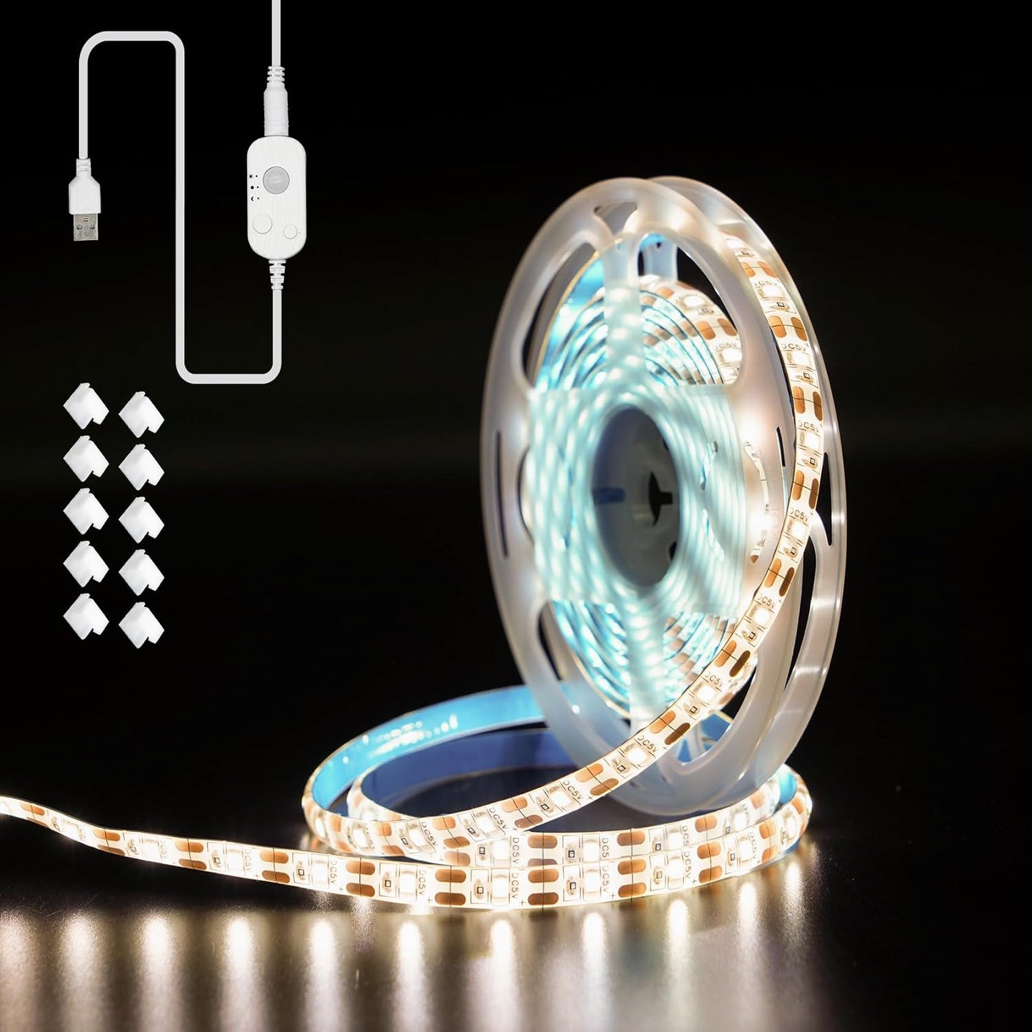 LED Light Strip Motion Sensor, USB Powered, Waterproof Rope Lights 6000K, Day and Night Modes Dimming, Indoor/Outdoor Use, Adhesive Tape 16.4ft
