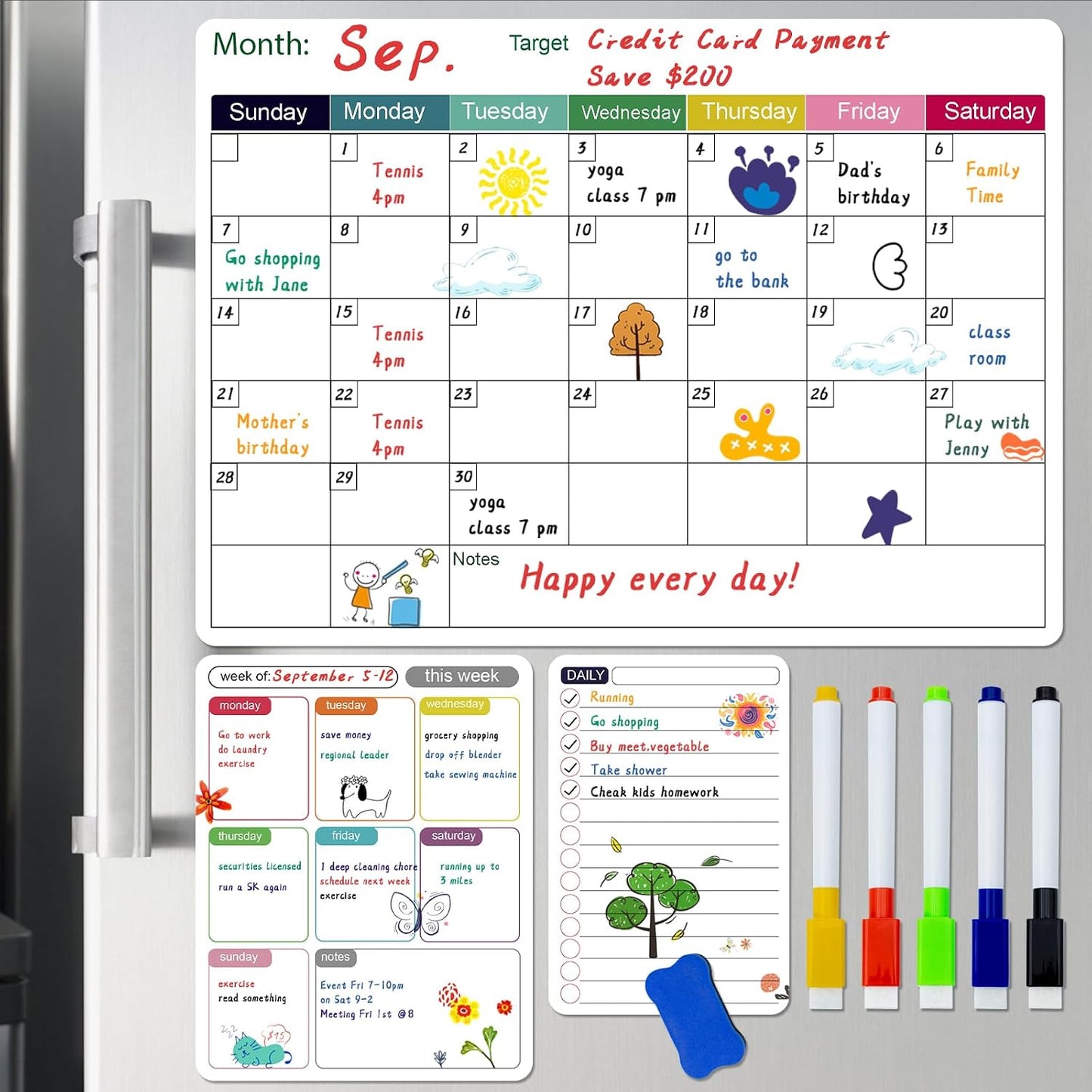 Magnetic White Board Calendar Dry Erase for Fridge | 14.6" x 11" Reusable Refrigerator Calendar for Fridge & Wall, Easy to Clean, Schedule Organizer, with 5 Markers and Eraser