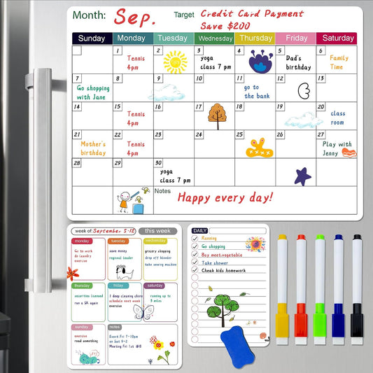 Magnetic White Board Calendar Dry Erase for Fridge | 14.6" x 11" Reusable Refrigerator Calendar for Fridge & Wall, Easy to Clean, Schedule Organizer, with 5 Markers and Eraser