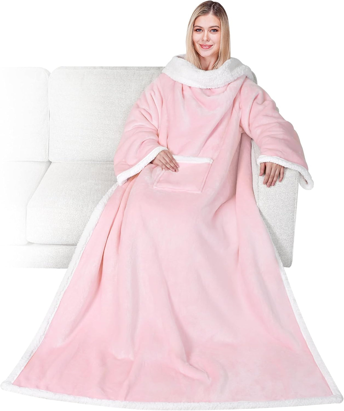 PAVILIA Wearable Blanket with Sleeves and Pocket for Women Men, Sherpa Trim