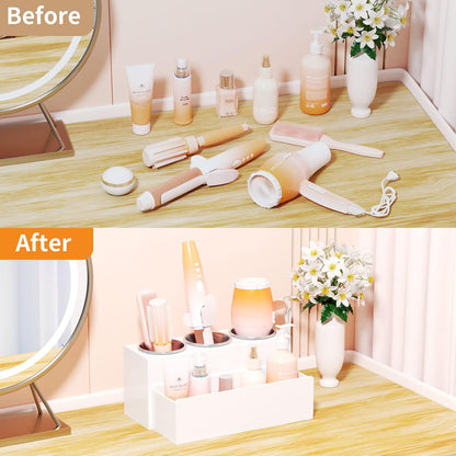 NIUBEE Acrylic Hair Tool Organizer,Hair Blow Dryer Holder with 3 Cups,White | Acrylic Hot Tools Organizer,Hair Organizer Storage Countertop,Blow Dryer Holder for Curling Iron,Brush, Straightener,Bathroom