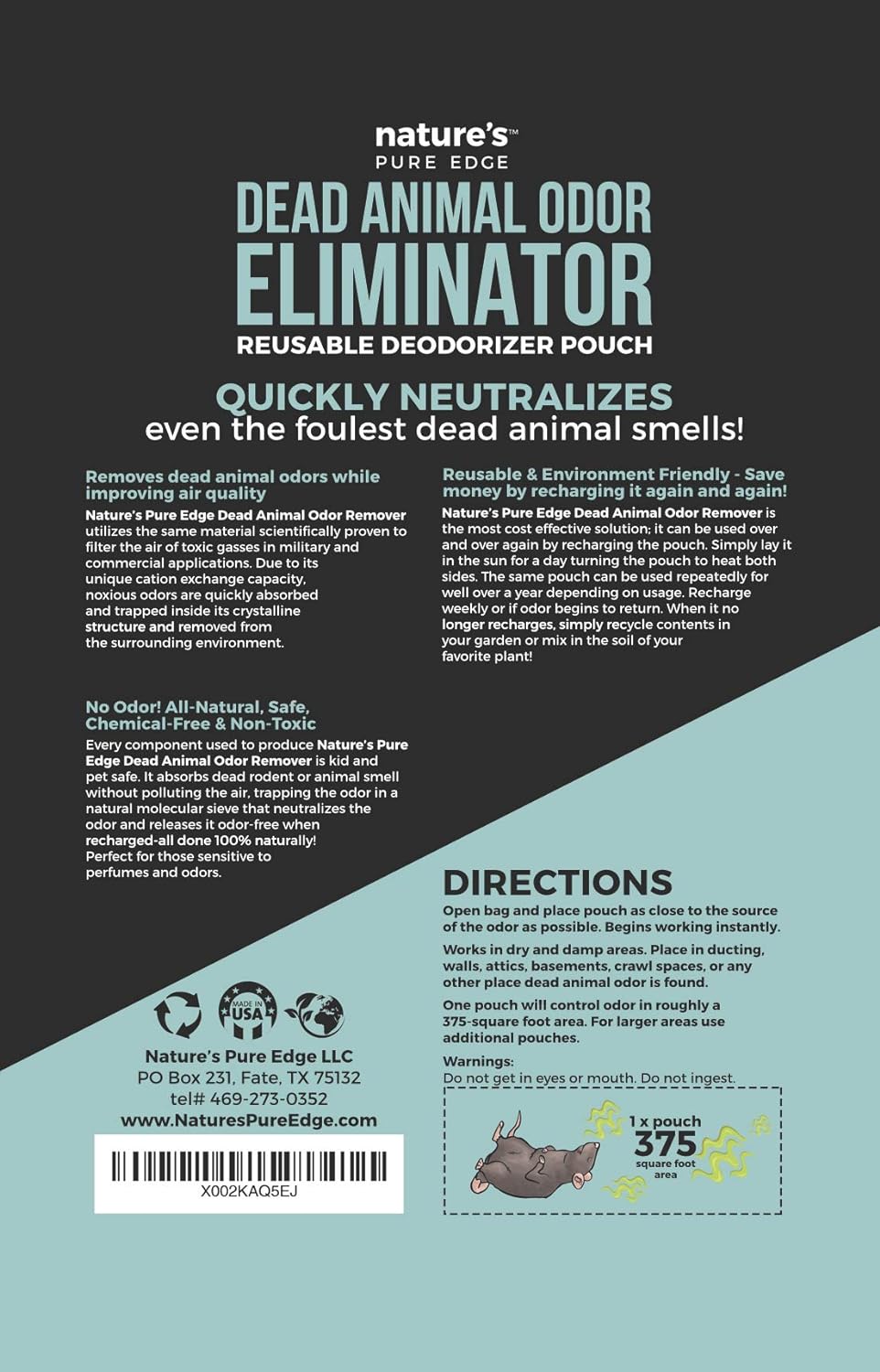 Dead Animal Smell Eliminator Pouch – Fragrance-Free Activated Charcoal Odor Absorber With Specialized Zeolite– Attics, Walls, Crawlspaces. For After Cleanup. Pet & Kid Safe, XL, Covers 375 Sq Ft