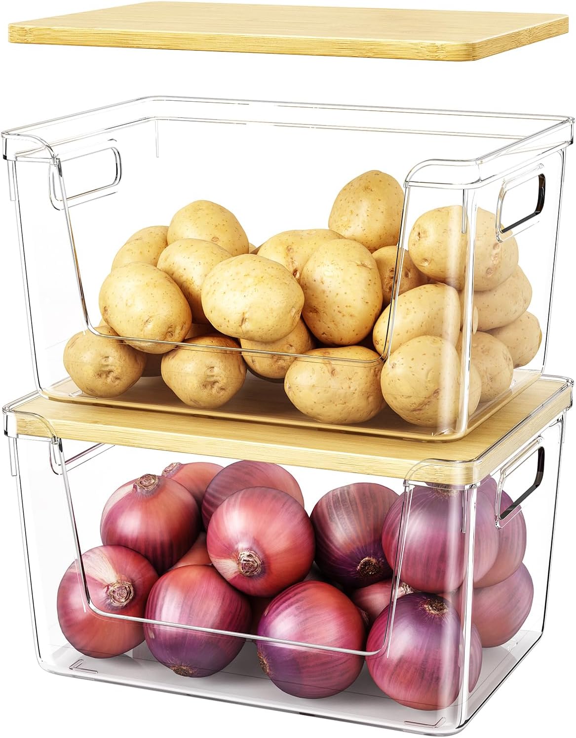 2 Set Pantry Organizer and Stackable Storage Kitchen,Sturdy and Durable Storage Basket for Potato, Onion, Garlic, Fruit, Vegetable, Produce, Clear Plastic Storage with Lid&Handle