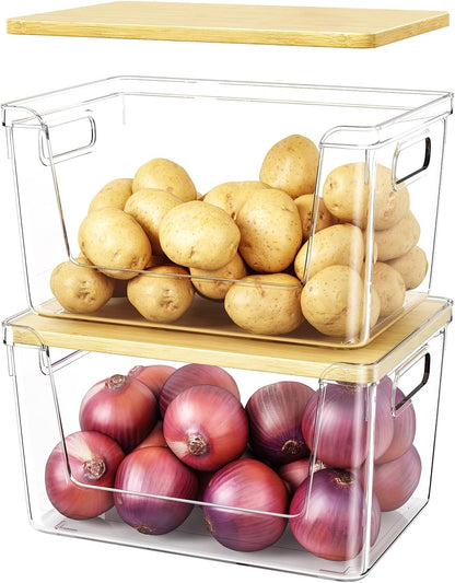 2 Set Pantry Organizer and Stackable Storage Kitchen,Sturdy and Durable Storage Basket for Potato, Onion, Garlic, Fruit, Vegetable, Produce, Clear Plastic Storage with Lid&Handle