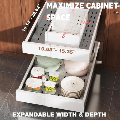 Seinloes Pull Out Cabinet Organizer,4-Side Expandable to Maximize Cabinet Space,Slide Out Drawers with 3 Rail Design,Roll Out Shelf with Raising Pad for Framed Cabinet,13"-21"W x 17"-24"D,White,2 Pack