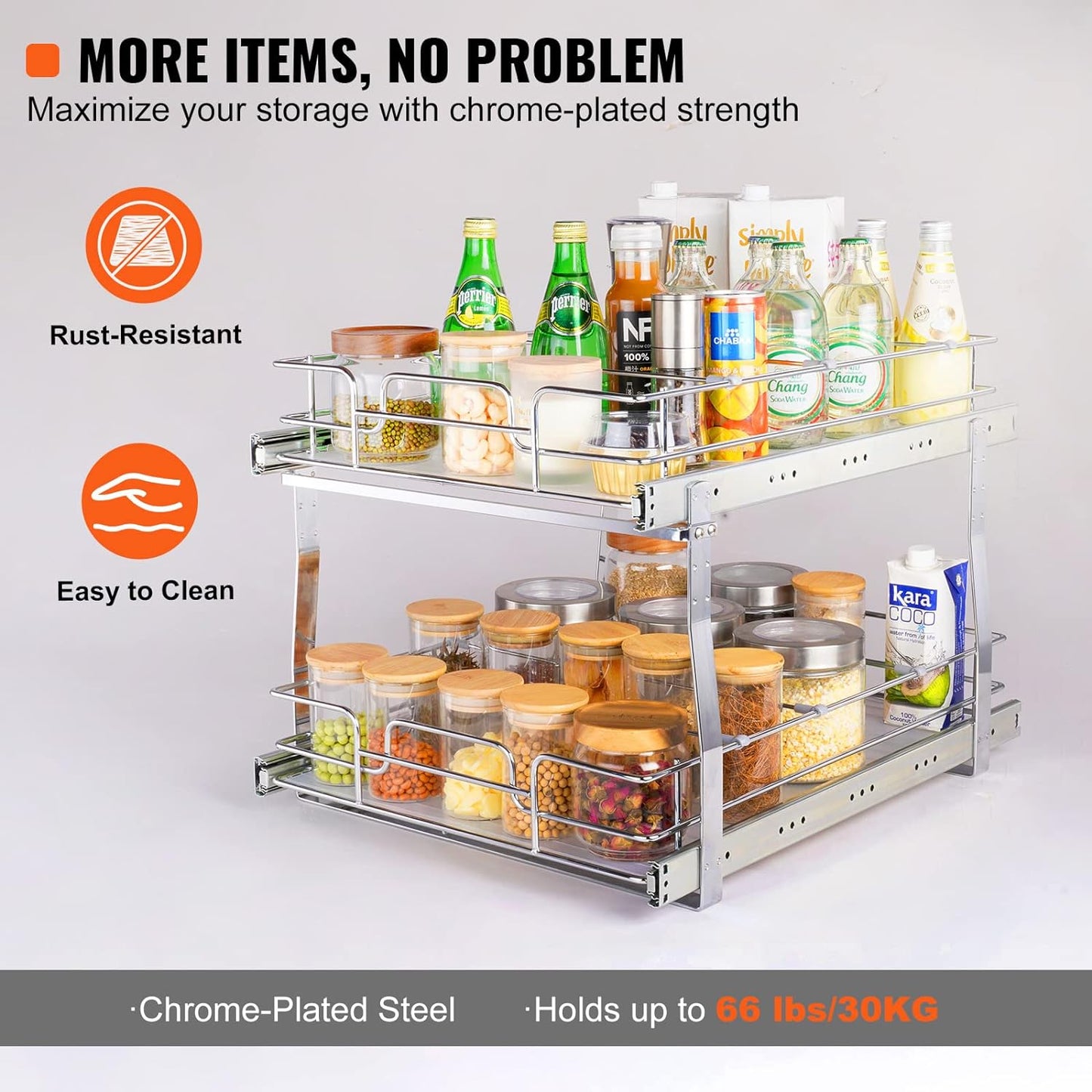 VEVOR Pull Out Cabinet Organizer, 14" Wx21.2 Dx15.2 H Heavy 2 Tier Duty Slide Out Pantry Shelves, Chrome-Plated Steel Roll Out Drawer for Under Sink, 15.5" Wx22.5 Dx19 H Install Size for Cabinet