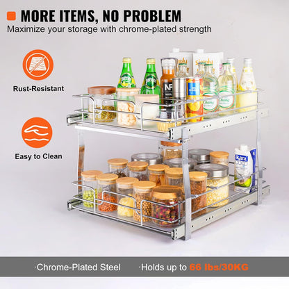 VEVOR Pull Out Cabinet Organizer, 14" Wx21.2 Dx15.2 H Heavy 2 Tier Duty Slide Out Pantry Shelves, Chrome-Plated Steel Roll Out Drawer for Under Sink, 15.5" Wx22.5 Dx19 H Install Size for Cabinet
