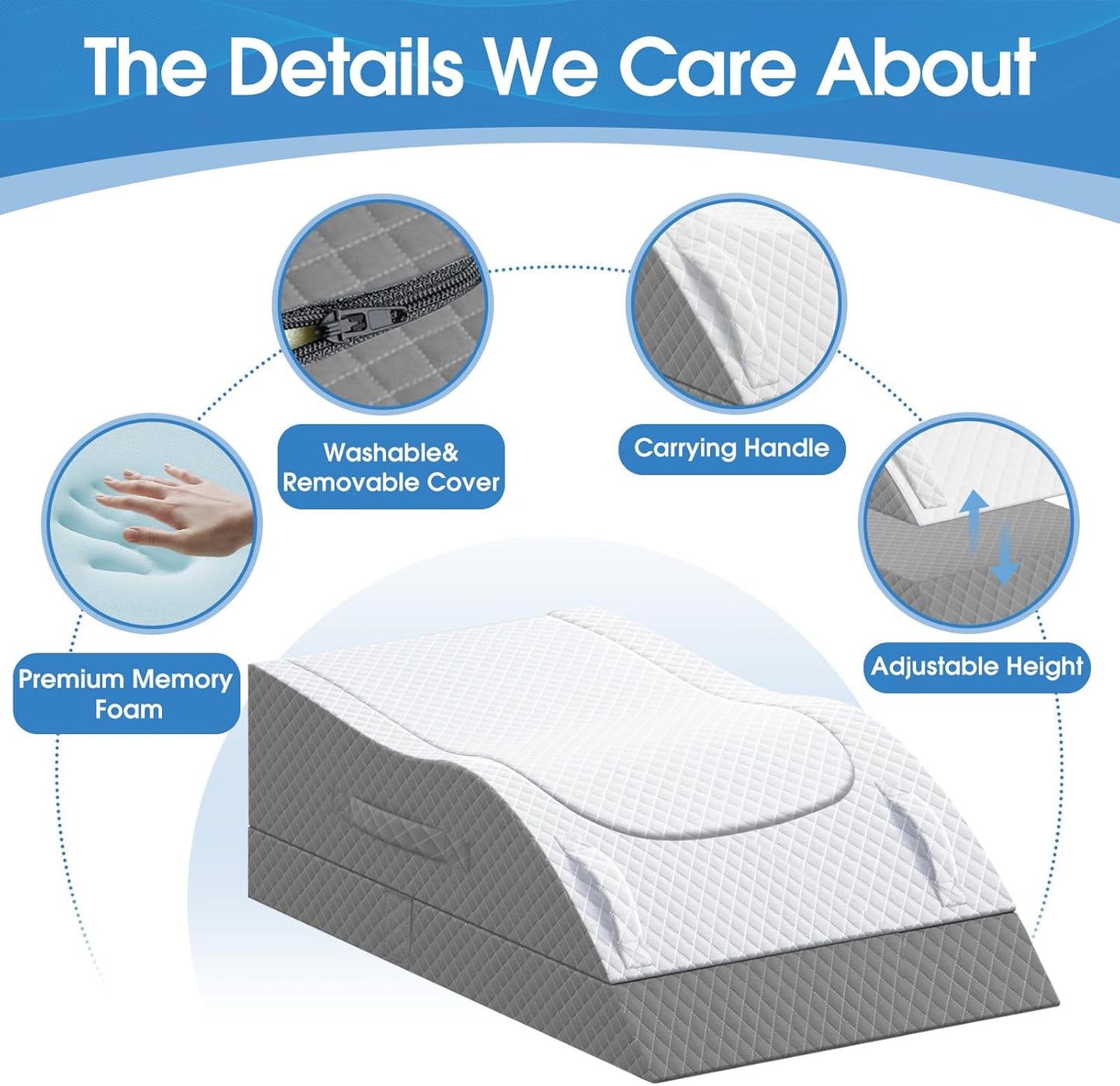 TranquilRelax Leg Elevation Pillows for After Surgery, Wedge Pillow, Grey | Memory Foam, All-around Knee & Ankle Support for Swelling, Height-adjustable, Nop-Slip Bottom, Washable Cover, Single-leg
