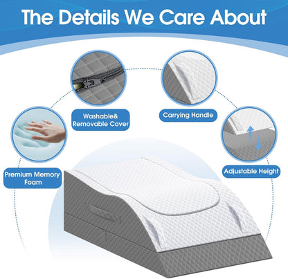 TranquilRelax Leg Elevation Pillows for After Surgery, Wedge Pillow, Grey | Memory Foam, All-around Knee & Ankle Support for Swelling, Height-adjustable, Nop-Slip Bottom, Washable Cover, Single-leg