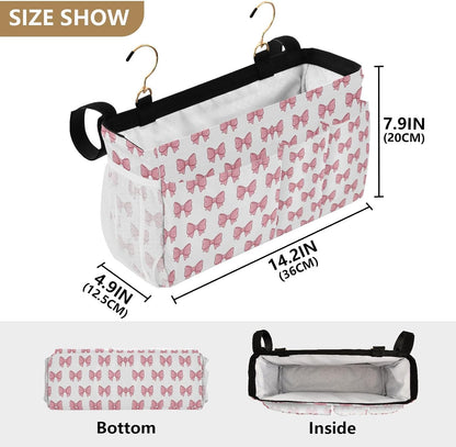 Bedside Caddy Hanging Storage Bag Pink Bows Bedside Organizer Caddy for Bunk, Dorm Room, Hospital Beds - Place Magazines / Remotes / Keys