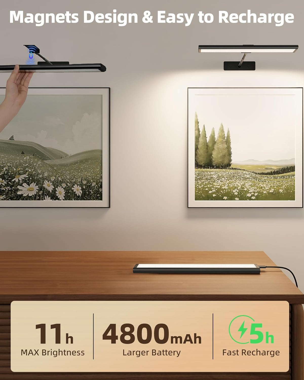 EZVALO Picture Light for Wall, 4800mAh Rechargeable Wireless Gold Light with IR Remote, Dimmable Magnetic LED Art Display Light with 3 Color Temperatures, for Gallery, Living Room, Bedroom(2Pack)