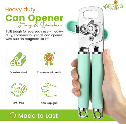 Spring Chef Stainless Steel Manual Can Opener with Soft Grip Handles, Black | Heavy Duty Hand Can Opener for Seniors with Smooth Edge, Easy Turn, 3in1 Can Opener with Magnetic Lid Remover & Bottle Opener
