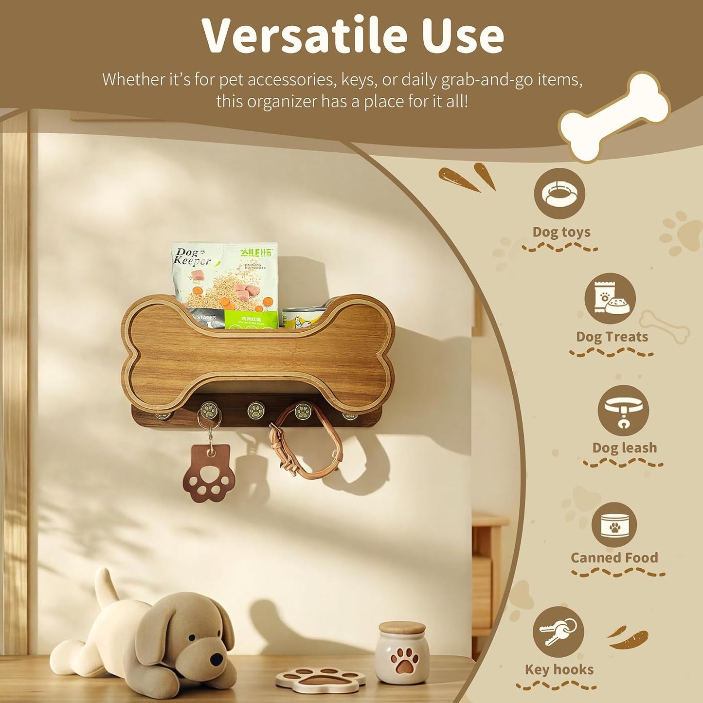 MTERSN Dog Leash Holder for Wall with Key Hooks for Dog Gear Storage, Brown | 3D Puppy Paw Hooks, Doggie Bone Shape, Key Rack with 5 Hooks, Wall Shelf for Treats & Dog Food, Ideal for Wall Decor