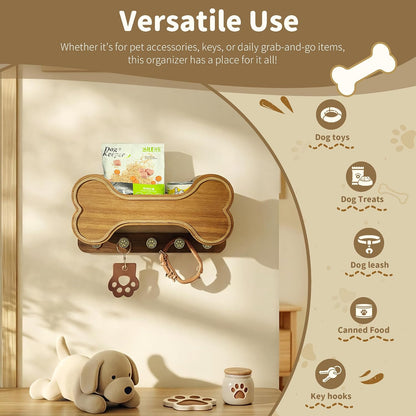 MTERSN Dog Leash Holder for Wall with Key Hooks for Dog Gear Storage, Brown | 3D Puppy Paw Hooks, Doggie Bone Shape, Key Rack with 5 Hooks, Wall Shelf for Treats & Dog Food, Ideal for Wall Decor