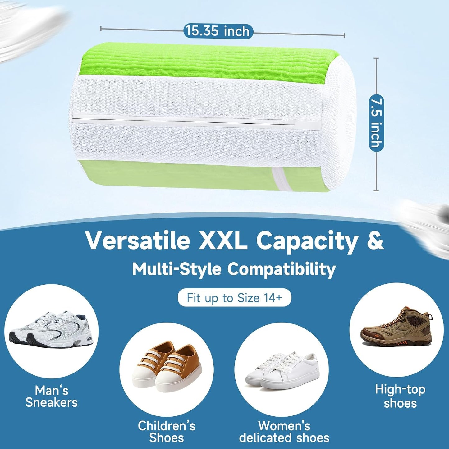 2PCS XXL Shoe Washing Machine Bag with Adjustable Shoes Trees - Heavy Duty Reusable Shoe Laundry Bag for Washer and Dryer - 360° Deep Clean & Protect Chenille Microfiber Sneakers Wash Bags - White