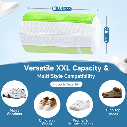 2PCS XXL Shoe Washing Machine Bag with Adjustable Shoes Trees - Heavy Duty Reusable Shoe Laundry Bag for Washer and Dryer - 360° Deep Clean & Protect Chenille Microfiber Sneakers Wash Bags - White