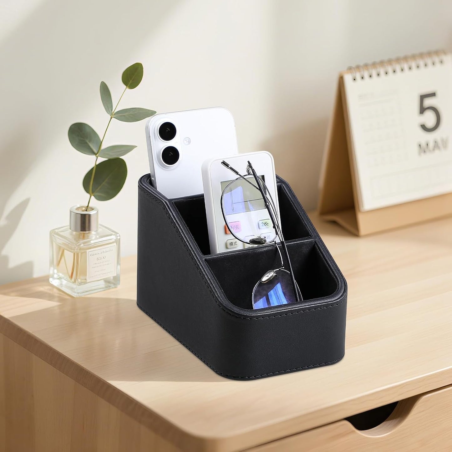 Remote Control Holder, Small Desk Organizer TV Remote Caddy, Black | PU Leather 3 Compartments Remote Holder, Remote Organizer Nightstand Organizer for Couch Bedside Living Room Office