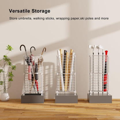 AWTATOS Umbrella Holder Entryway, Umbrella Stand Freestanding, Black | Metal Square Umbrella Rack Organizer with a Removable Drip Tray, Hooks