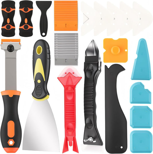 5-In-1 Caulking Tool Kit With Razor Scraper, Silicone Finishing | Caulk Removal And Smoothing, Metal And Plastic Scrapers, For Tile, Glass, Sink, Window And Grout Repair