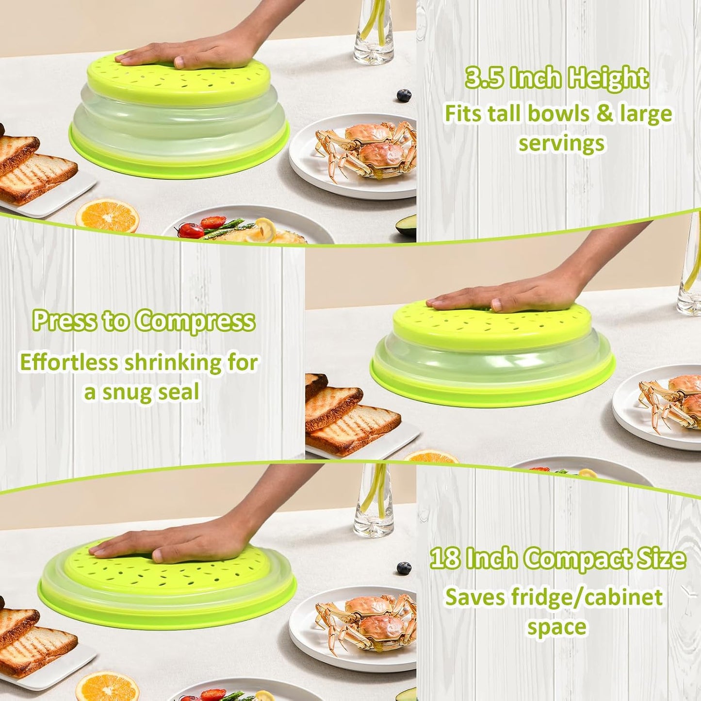 3 in 1 Microwave Splatter Cover 2 Pack Collapsible Food Cover for Food Heat Resistant Microwave Plate & Dish Cover with Handle Vented Silicone Splatter Guard Lid(Green)