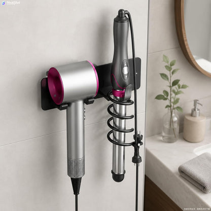 Universal Hair Dryer Holder, Self Adhesive Wall Mount, White | Universal storage rack fits most brand blow dryers, ideal for bathroom organization