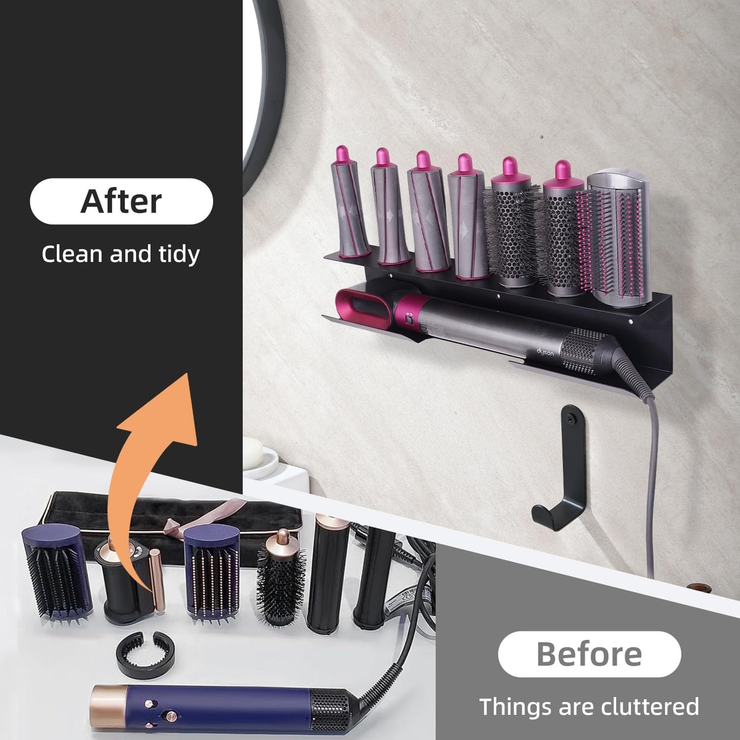 Hair Tool Organizer Wall Mount, Stainless Steel Hair Tool Holder with 2 Heat-Resistant Cups, Curling Iron Holder for Vanity, Hot Tools Organizer with PVC Ring,Hair Dryer Holder for Bathroom, BANJEKT