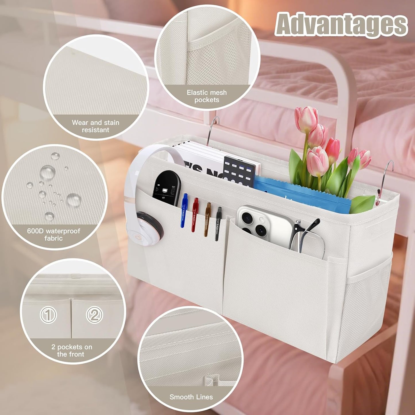 Bedside Caddy Organizer with Fixed Straps, Bunk Bed Caddy ideal for Home, Bunk Bed, Dorm, Hospital, Crib, Versatile Bedside Storage Solution (Beige)