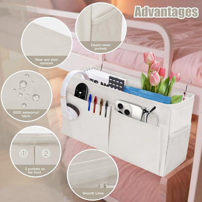 Bedside Caddy Organizer with Fixed Straps, Bunk Bed Caddy ideal for Home, Bunk Bed, Dorm, Hospital, Crib, Versatile Bedside Storage Solution (Beige)