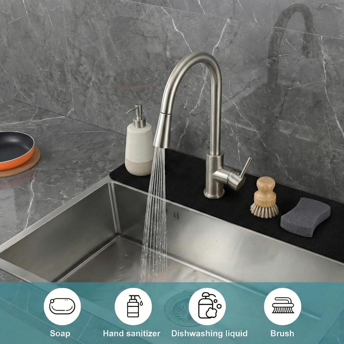33 Lx5.5 W Long Kitchen Sink Faucet Mat: Customizable Black Splash Guard with Pre-Cut Center Hole for Large Double bowl Sink, DIY to Fits irregular & 2, 3, 4 hole sinks with Soap Dispenser & Air Gap