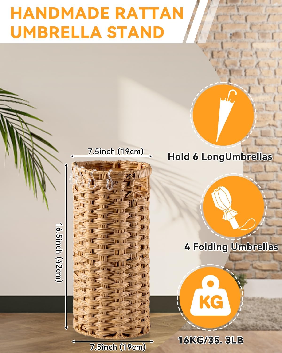 Rattan Umbrella Stand for Entryway,Hand-Woven Umbrella Holder Indoor with Doormat, Removable Drip Tray & 4 Hooks,Waterproof Umbrella Storage Basket
