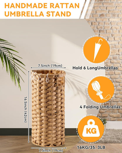 Rattan Umbrella Stand for Entryway,Hand-Woven Umbrella Holder Indoor with Doormat, Removable Drip Tray & 4 Hooks,Waterproof Umbrella Storage Basket