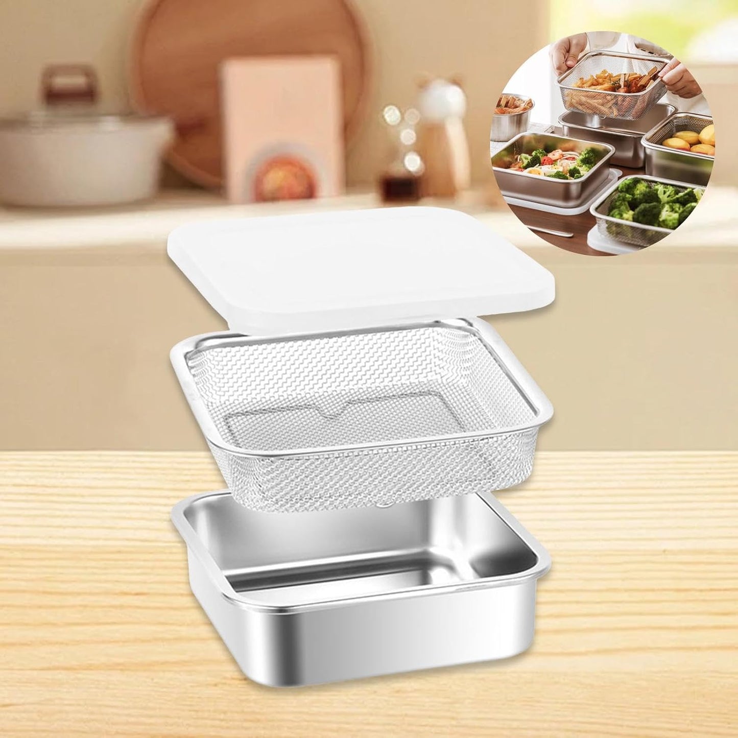 Stainless Steel Food Container with Strainer Colander Set Fridge Organizer Bin Multifunctional Kitchen Drain Basket for Lettuce Fruits, Vegetables, 1500ml