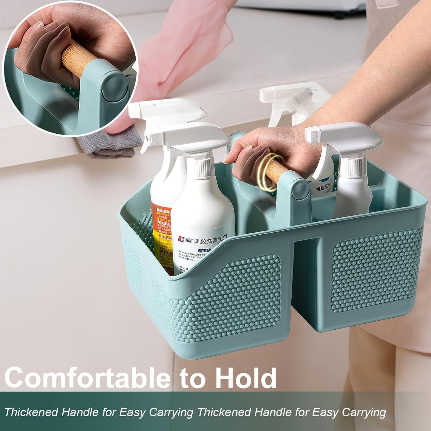 Plastic Shower Caddy Portable Shower Basket with Bamboo Handle, White | Cleaning Caddy Organizer Storage Tote for Bathroom, College Dorm Essentials, Bath Toy Storage