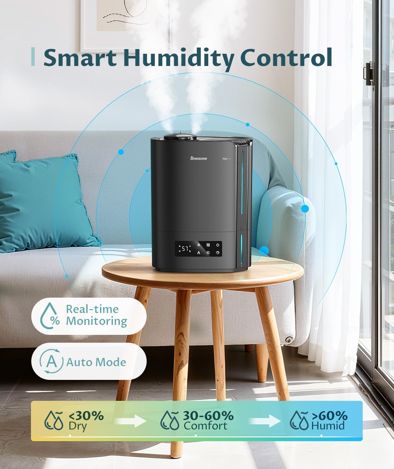 BREEZOME 6L Humidifier for Bedroom Large Room Smart Humidistat Control | 60H Runtime, 25dB Quiet, Essential Oil Diffuser, Top Fill Ultrasonic Cool Mist Humidifiers for Baby, Plants, Nursery