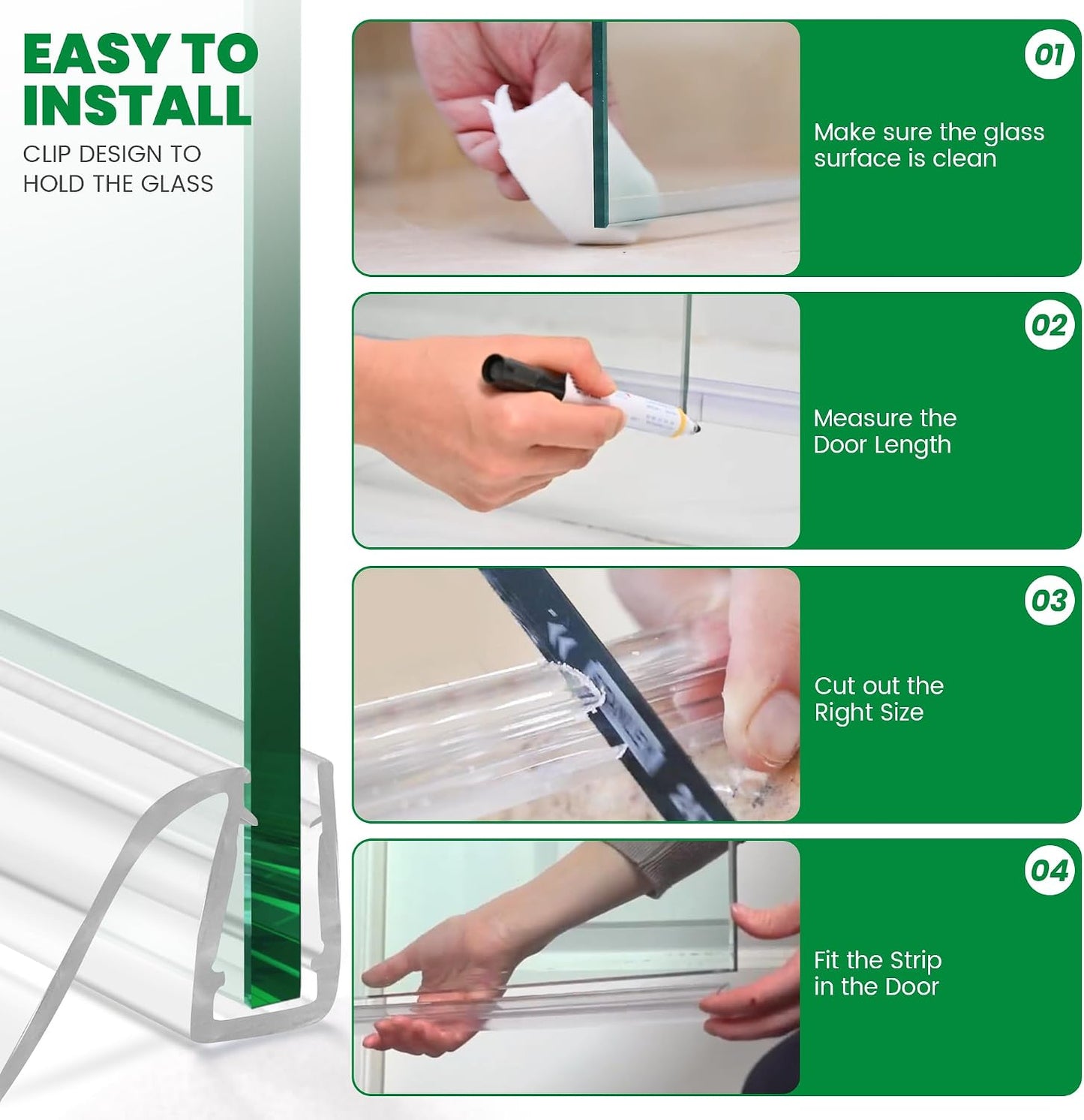 Bathroom Shower Glass Door Bottom Seal Strip, 2PCS 36 Inch Long Clear PVC Seal Strips for 5/16"(8mm) - 3/8"(10mm) Thick Framless Glass Door Panel