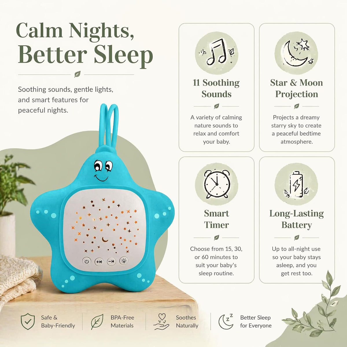 Portable White Noise Sleep Soother Baby Sound Machine with Star Projector