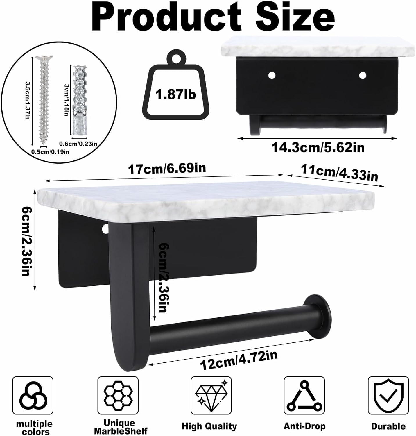 Toilet Paper Holder with Natural Marble Shelf for Bathroom Washroom,Wall Mounted Tissue Holder Suitable for Mega Roll (Brushed Nickel,Small 6.7 * 4.3 in)