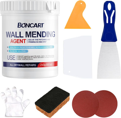 BONCART 8.6Oz Drywall Patch Repair Kit – Professional All-in-1 Tool Set | Includes Scrapers, Putty Knife, Texture Sponge, Sandpaper, And Gloves. Fast Wall Hole Repair