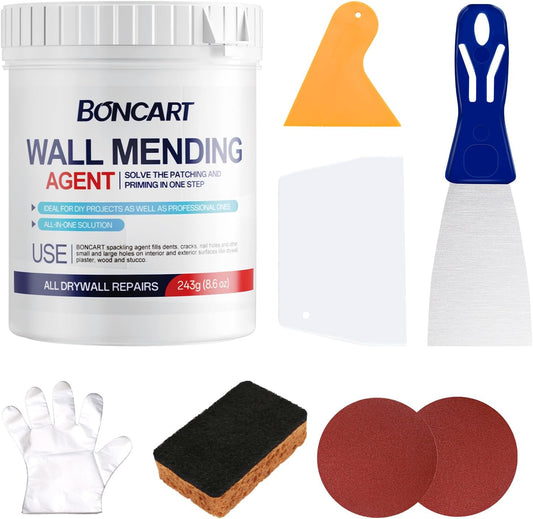 BONCART 8.6Oz Drywall Patch Repair Kit – Professional All-in-1 Tool Set | Includes Scrapers, Putty Knife, Texture Sponge, Sandpaper, And Gloves. Fast Wall Hole Repair
