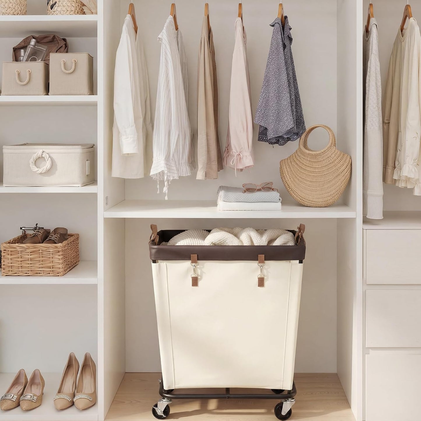 StorageWorks 160L Laundry Basket with Wheels, Rolling Hampers for Clothing | Beige Laundry Basket with Wheels, Metal Frame & Handles, Rolling Hamper for Bedroom, Bathroom, Dorm, Hotel