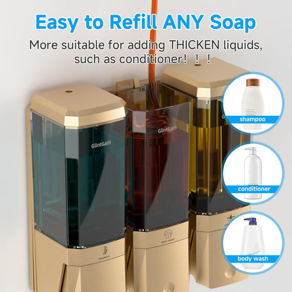 Shampoo and Conditioner Dispenser,Shower Dispenser 3 Chamber No Drill Shampoo Dispenser for Shower Wall Mounted Shower Soap Dispenser for Bathroom Hotel,Large Capacity 3 * 500ML,Gold